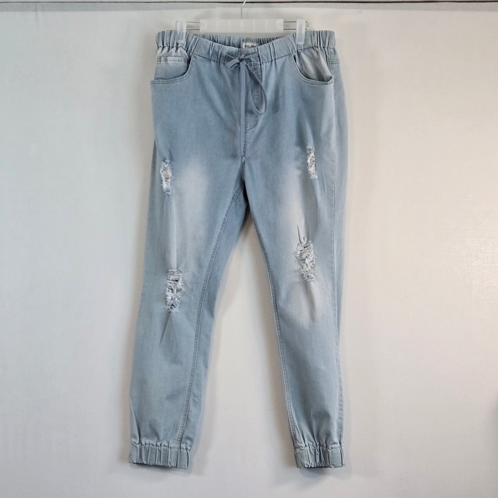 Gogo Jeans USA Light Wash Distressed Denim Joggers Elastic Waist Size 15